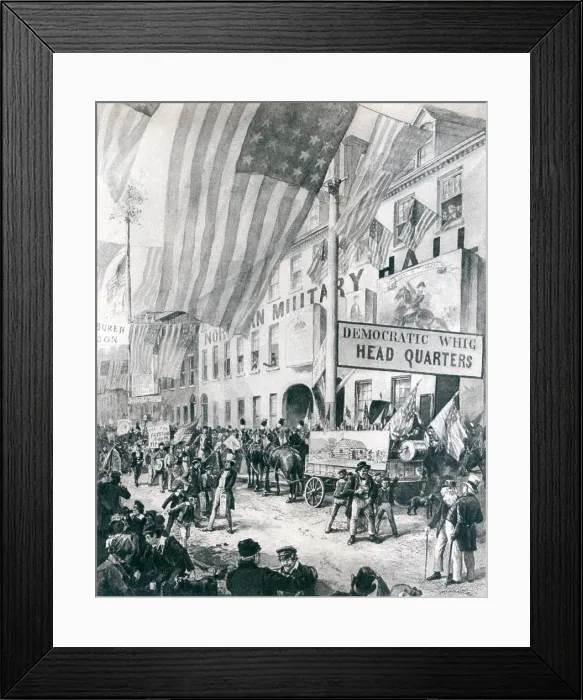 Framed Print : William Harrison campaign headquarters in Philadelphia. There is a Tippecanoe and Tyler Too parade and a sign reading Democratic Whig headquarters. 1840 Framed Print : William Harrison campaign headquarters in Philadelphia. There is a Tippecanoe and Tyler Too parade and a sign reading Democratic Whig headquarters. 1840