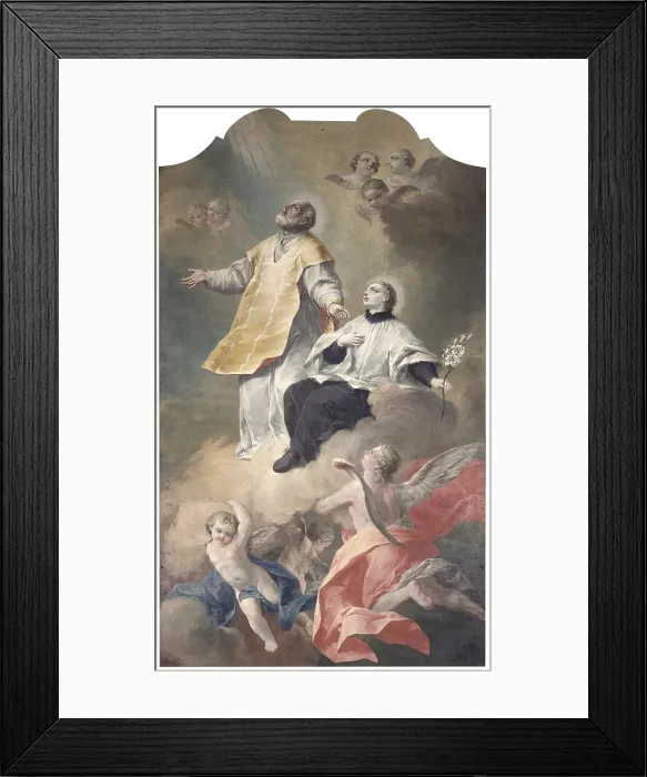 Framed Print : Saint Philip Neri and Saint Luigi Gonzaga, by Biagio Bellotti, 18th century, oil on canvas - Italy, Lombardy, Busto Arsizio, Baptistery. Whole artwork view. Saints in glory