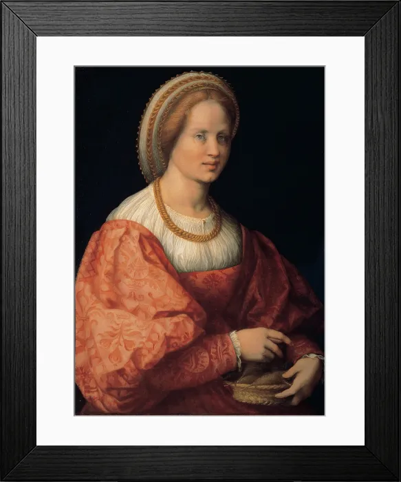 Framed Print : d'Agnolo Andrea known as Andrea del Sarto, Portrait of a Woman with a Basket of Spindles, 1514 - 1515, 16th Century, panel, Italy, Tuscany, Florence, Uffizi Gallery