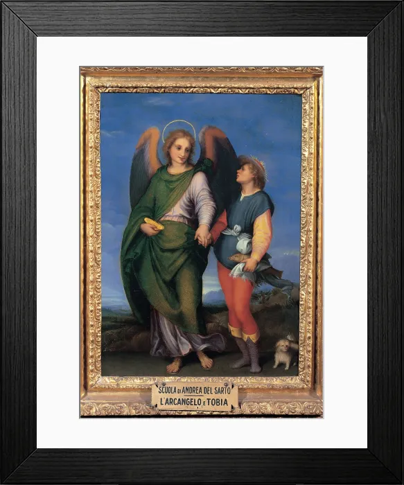Framed Print : school d'Agnolo Andrea detto Andrea del Sarto, Archangel Raphael with Tobias, 17th Century, oil on panel, Italy, Tuscany, Florence, Palazzo Pitti, Palatine Gallery