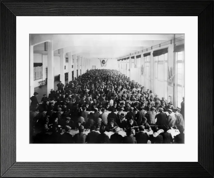 Framed Print : Immigrant men from many European nations at the tables crowded in the dining room of the Immigrant Hotel, Buenos Aires, Argentina. Ca. 1910