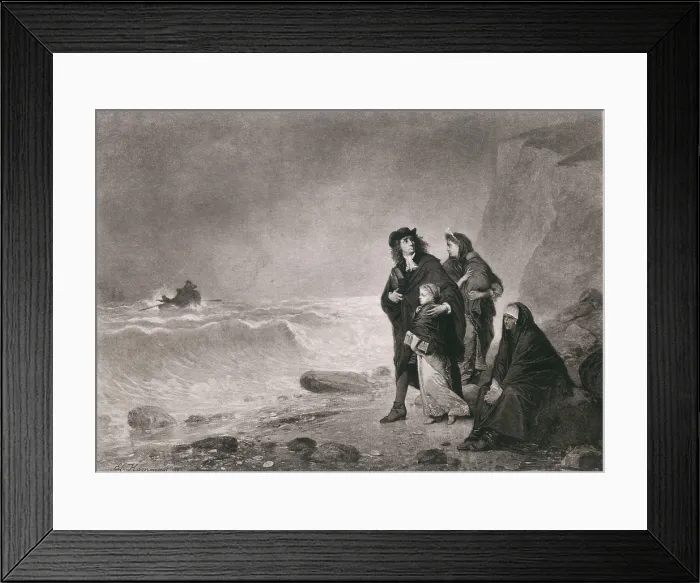 Framed Print : THE FUGITIVES, depicts French Huguenots refugees from France after the 1685 Revocation of the Edit of Nantes of 1598, declaring French Protestants to be heretics