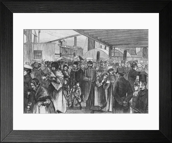 Framed Print : A crowd of immigrants landing at Castle Garden in 1880 includes an Eastern European man with a fur hat and caricatured facial features