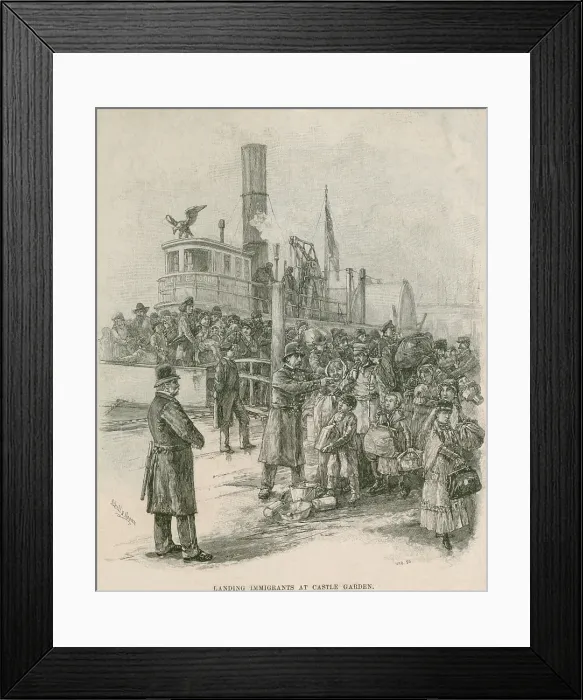 Framed Print : Immigrants leaving a sternwheeler at New York City's Castle Garden in 1884 under police supervision Framed Print : Immigrants leaving a sternwheeler at New York City's Castle Garden in 1884 under police supervision