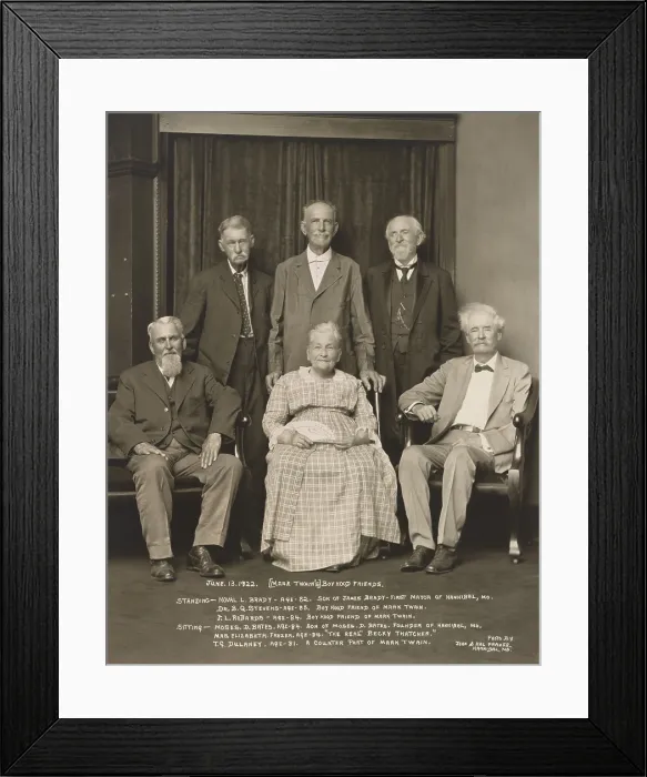 Framed Print : Mark Twains (aka Samuel Clemens), boyhood friends in 1922. Standing, L-R: Noval L. Brady, son of the first mayor of Hannibal, Mo; Dr. B.Q. Stevens; J.L. Robards