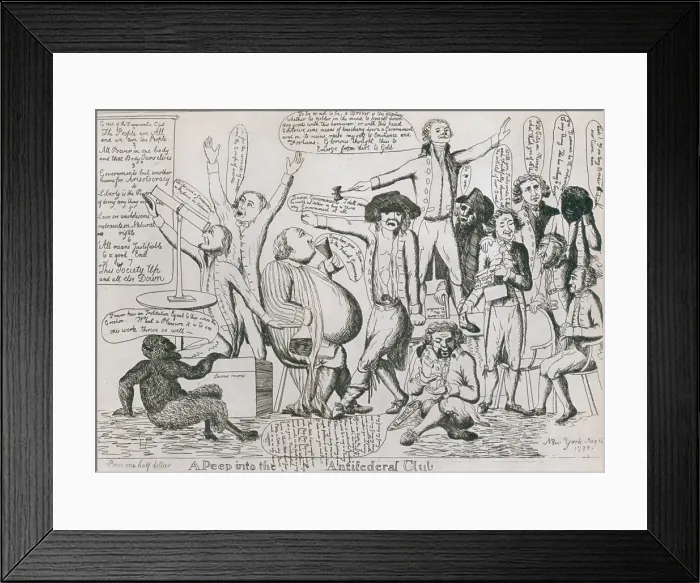 Framed Print : Federalist cartoon of 1793 shows Republicans as a mob of violent anarchists consorting with the devil. Jefferson is speaking from a bench Framed Print : Federalist cartoon of 1793 shows Republicans as a mob of violent anarchists consorting with the devil. Jefferson is speaking from a bench