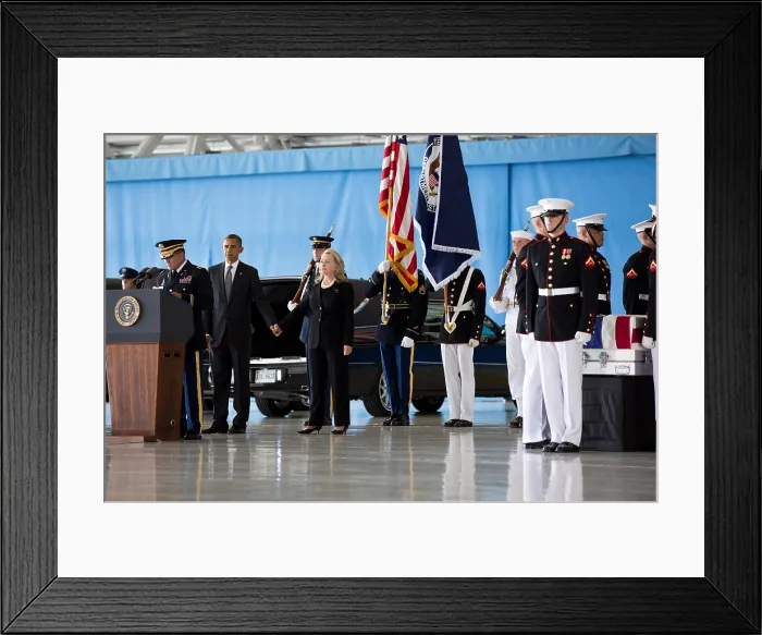 Framed Print : President Barack Obama hold hands with Sec. of State Hillary Rodham Clinton at Andrews Field, MD. On Sept