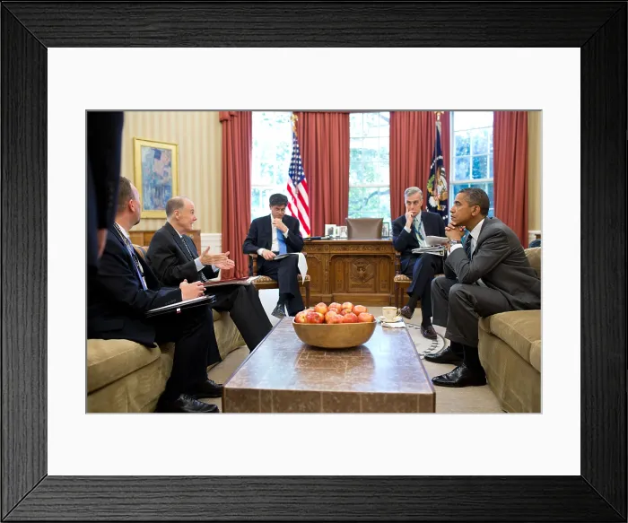 Framed Print : President Barack Obama's senior advisors before a phone call with Russia's Vladimir Putin. July 18, 2012. From left: Chris Mizelle, Dir