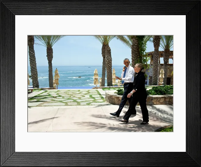 Framed Print : Pres. Barack Obama walks with Sec. of State Hillary Clinton after meeting with Pres. Vladimir Putin