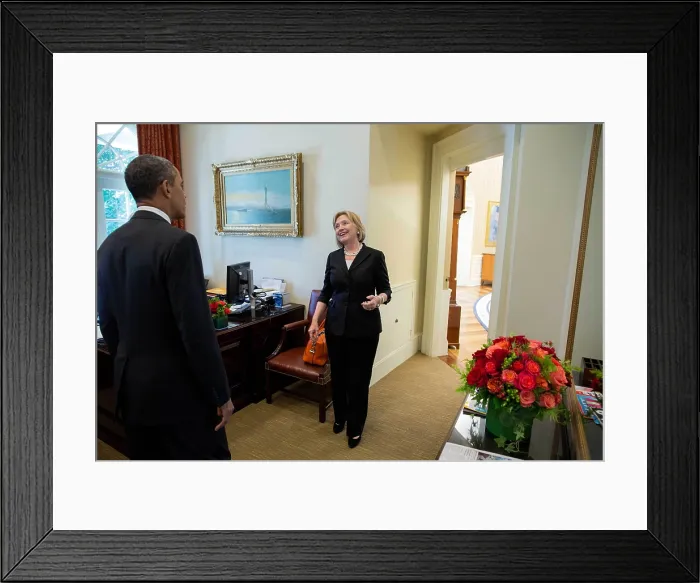 Framed Print : President Barack Obama greets former Sec. of State, Hillary Rodham Clinton in the Outer Oval Office. July 29, 2013. (BSLOC_2015_3_72) Framed Print : President Barack Obama greets former Sec. of State, Hillary Rodham Clinton in the Outer Oval Office. July 29, 2013. (BSLOC_2015_3_72)