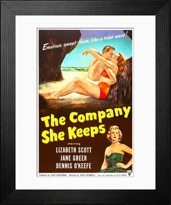 Framed Print : THE COMPANY SHE KEEPS, US poster, top from left: Dennis O'Keefe, Jane Greer, bottom right: Lizabeth Scott, 1951 Framed Print : THE COMPANY SHE KEEPS, US poster, top from left: Dennis O'Keefe, Jane Greer, bottom right: Lizabeth Scott, 1951