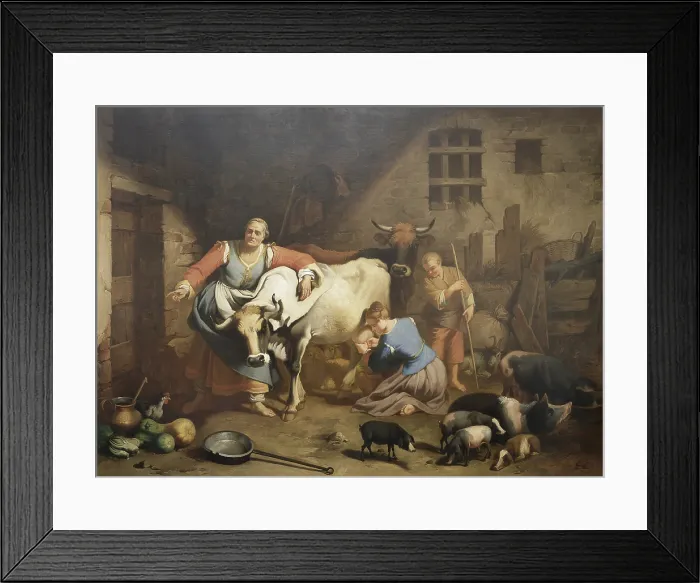 Framed Print : Shepherds and Animals in a Barn or The Lombard Farmhouse, by Francesco Landonio, 1765, 18th Century, oil on canvas - Private collection. Whole artwork view