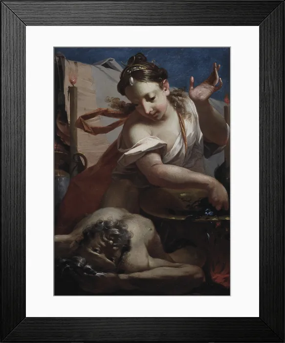 Framed Print : Medea and Esone, by Cesare Ligari, 1752, 18th Century, oil on canvas - Private collection. Detail. Medea is trying to resuscitate Esone