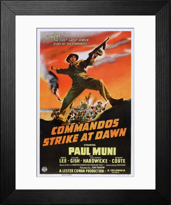 Framed Print : COMMANDOS STRIKE AT DAWN, Paul Muni on poster art, 1942 Framed Print : COMMANDOS STRIKE AT DAWN, Paul Muni on poster art, 1942