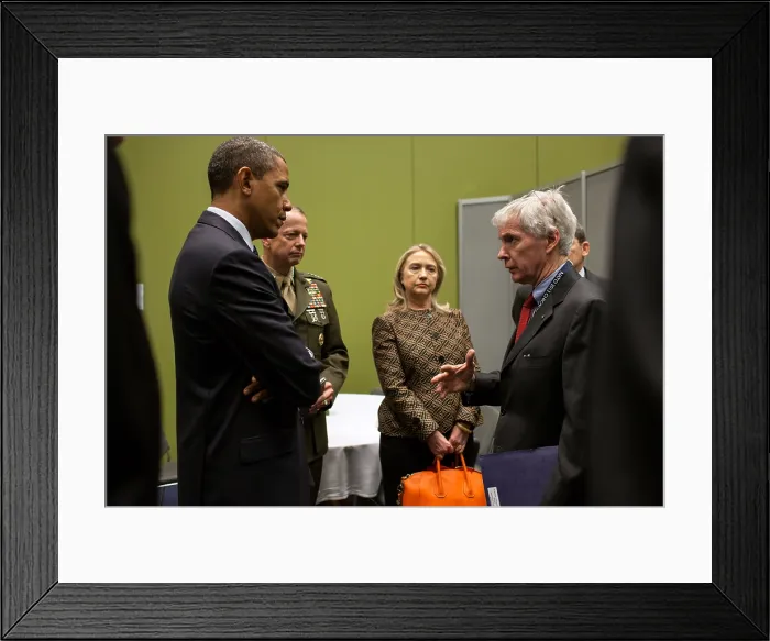 Framed Print : President Barack Obama talks with Ryan Crocker, U.S. Ambass. to Afghanistan, during a NATO Summit. Gen. John Allen, Commander, U.S. Forces in Afghanistan, and Sec