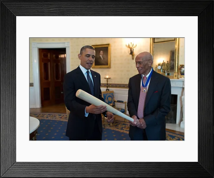 Framed Print : President Barack Obama with Ernie Banks, Nov. 20, 2013. Banks was one of the first African Americans to play in Major League Baseball when he joined the Chicago Cubs in 1953 Framed Print : President Barack Obama with Ernie Banks, Nov. 20, 2013. Banks was one of the first African Americans to play in Major League Baseball when he joined the Chicago Cubs in 1953