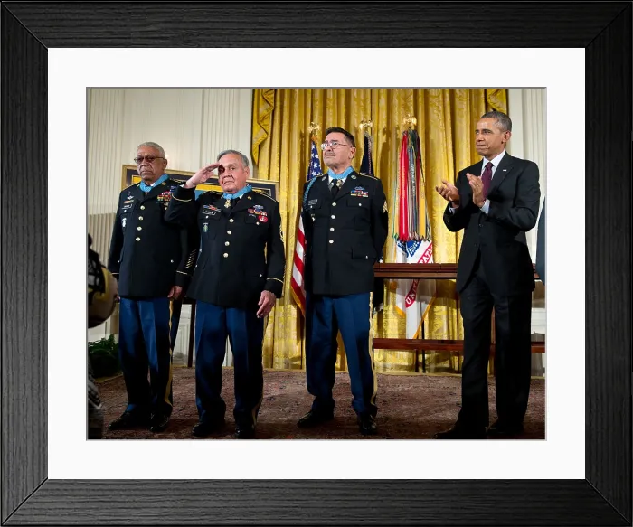 Framed Print : Medal of Honor ceremony honorees Sgt. Melvin Morris, Sgt. Rose Rodela, Spc. Santiago J. Erevia. March 18, 2014