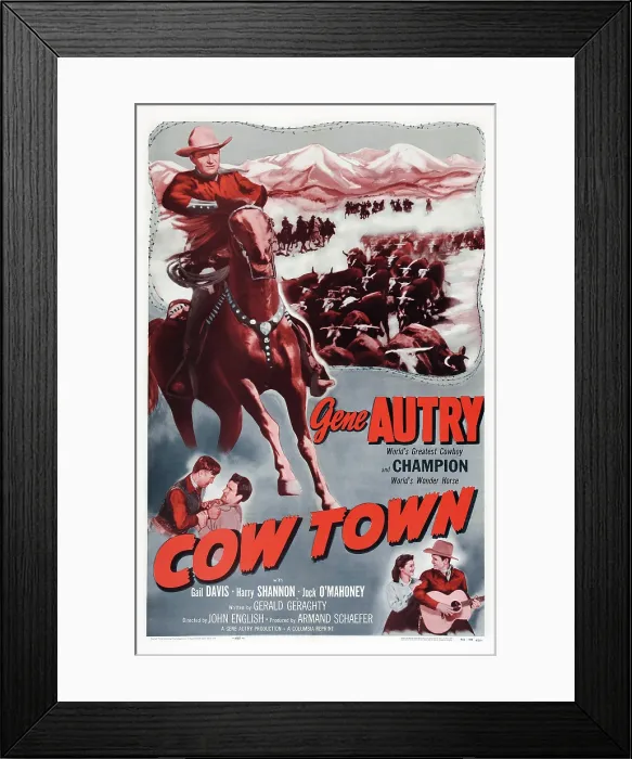 Framed Print : COW TOWN, US poster art, from left: Gene Autry, Jock Mahoney, Gail Davis, Gene Autry, 1950