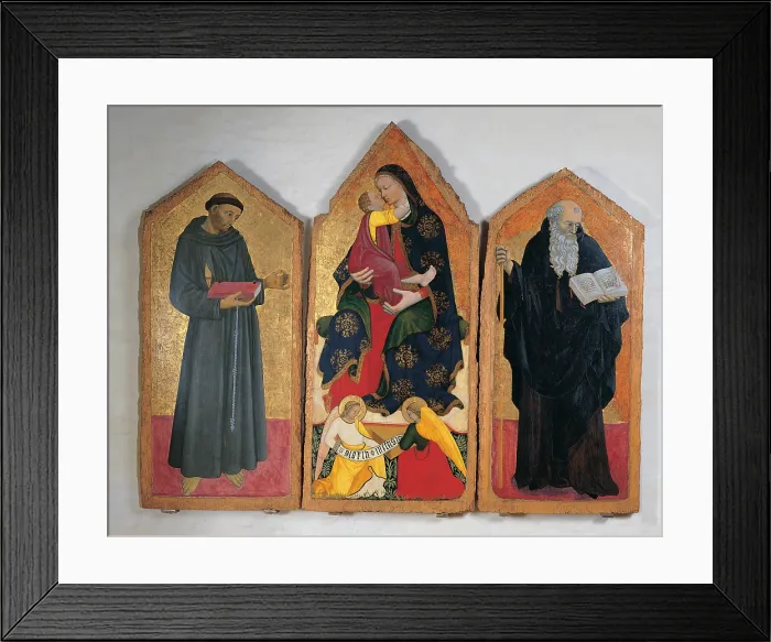 Framed Print : attributed probably Pellegrino di Giovanni, Madonna and Child with Angels, St Francis and St Anthony Abbot, 15th Century, tempera on board, Italy, Umbria, Perugia