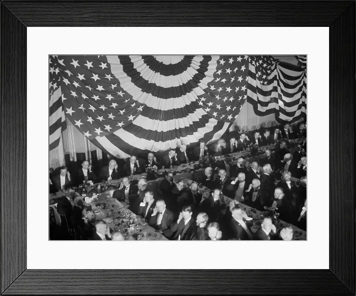 Framed Print : Banquet scene with seated men holding listening devices to their ears, Washington D.C