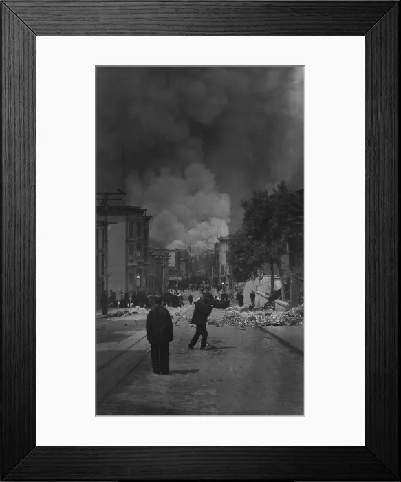 Framed Print : Chinese-American men watching the destruction of the city by fire on April 18, 1906, after a severe earthquake rocked San Francisco