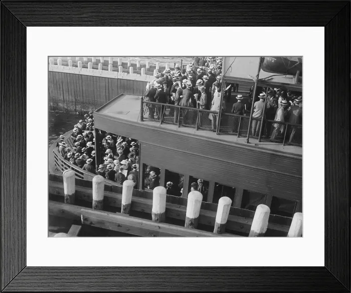 Framed Print : Commuters on a ferry entering a slip, 1915-20. Commuters used ferries from New Jersey, Brooklyn and Staten Island to travel to Manhattan (BSLOC_2016_10_181) Framed Print : Commuters on a ferry entering a slip, 1915-20. Commuters used ferries from New Jersey, Brooklyn and Staten Island to travel to Manhattan (BSLOC_2016_10_181)