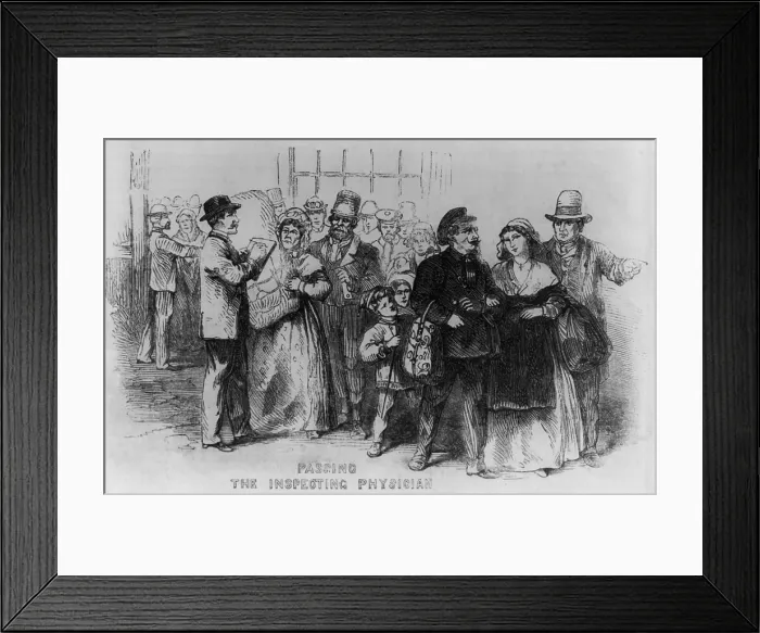 Framed Print : European immigrants passing the inspecting physician at New York City's Castle Garden in 1866. The sick were quarantined on Ward's Island or Blackwell's Island Framed Print : European immigrants passing the inspecting physician at New York City's Castle Garden in 1866. The sick were quarantined on Ward's Island or Blackwell's Island