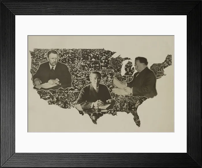 Framed Print : Portraits of Theodore Roosevelt, Woodrow Wilson, and William Taft, on a map of US in 1912