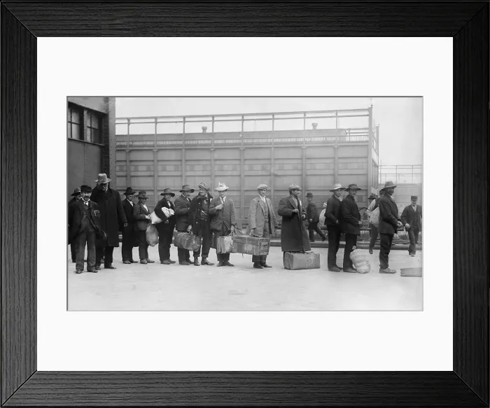 Framed Print : Italian men await admission processing at Ellis island, were among the 2, 000 Italian immigrants the arrived on the Prinzess Irene which grounded on Fire Island sandbars. Ca. 1910