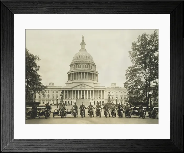 Framed Print : Washington, D.C. motorcycle policemen, with the U.S. Capitol in the background, April 26, 1922 (BSLOC_2016_10_185) Framed Print : Washington, D.C. motorcycle policemen, with the U.S. Capitol in the background, April 26, 1922 (BSLOC_2016_10_185)