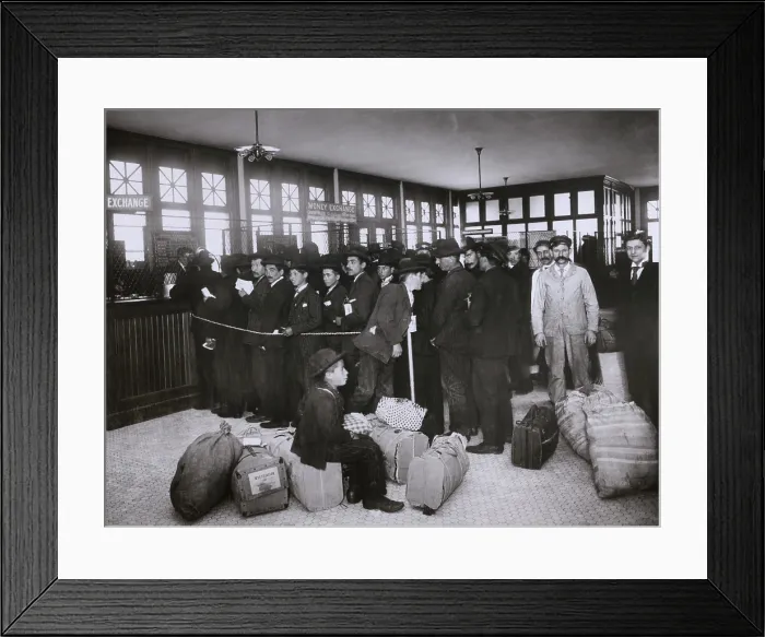 Framed Print : Ellis Island provided new immigrants with services to prevent their exploitation by dishonest moneychangers. The Money Exchange converted their currencies without charge. Ca. 1910 Framed Print : Ellis Island provided new immigrants with services to prevent their exploitation by dishonest moneychangers. The Money Exchange converted their currencies without charge. Ca. 1910