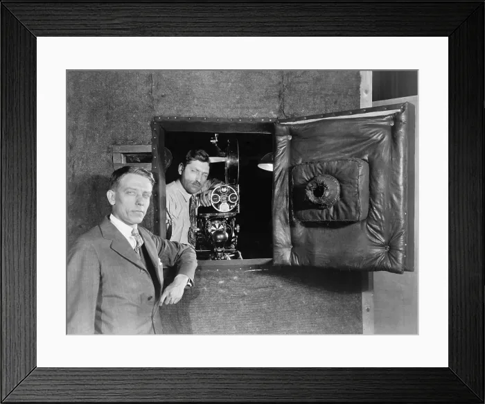 Framed Print : Soundproof camera booth designed to allowed actors voices to be recorded while filming, 1926
