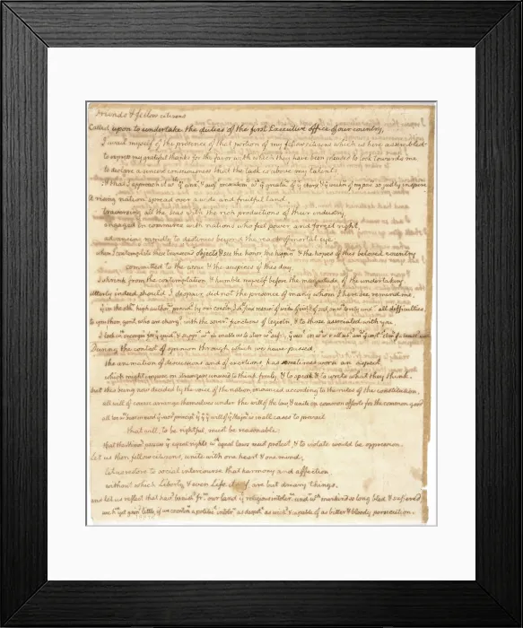 Framed Print : Thomas Jefferson's 1743-1826 first inaugural address of March 4 1801 written in his own hand Framed Print : Thomas Jefferson's 1743-1826 first inaugural address of March 4 1801 written in his own hand