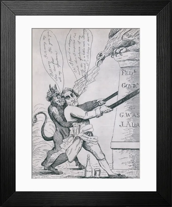 Framed Print : MAD TOM IN A RAGE. Federalist cartoon depicting Jefferson as a brandy-soaked anarchist tearing down the pillars of government. Ca. 1795-1809
