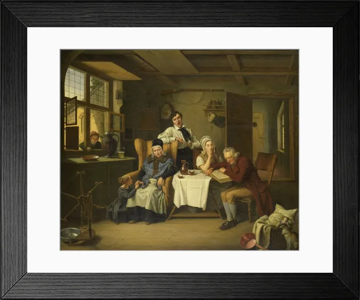 Framed Print : Bible Reading, by Eduard Karl Gustav Lebrecht Pistorius, 1831, Dutch painting, oil on canvas. Genre scene of family worship at home