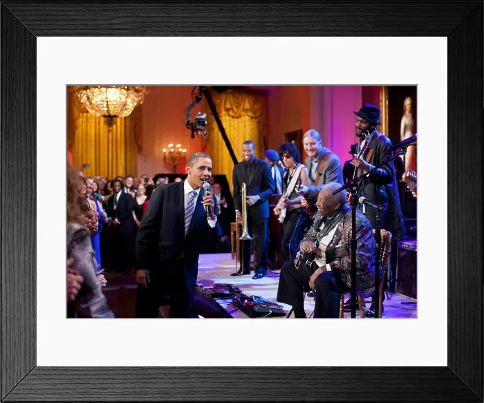 Framed Print : President Barack Obama joins in singing Sweet Home Chicago'. He joins Troy Trombone Shorty Andrews, Jeff Beck, Derek Trucks, B.B. King, and Gary Clark, Jr