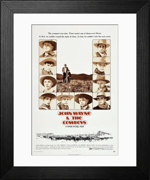 Framed Print : THE COWBOYS, US poster art, Robert Carradine, (bottom left), John Wayne, (left of center), 1972