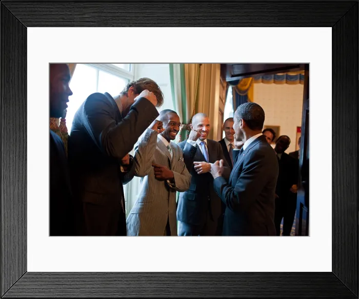 Framed Print : President Barack Obama jokes with Dallas Mavericks basketball players. The 2011 NBA Champions were honored at the White House on Jan. 9, 2012 (BSLOC_2015_3_89)