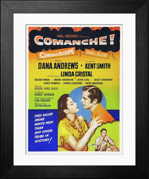 Framed Print : COMANCHE, US poster art, from left: Linda Cristal, Dana Andrews, 1956