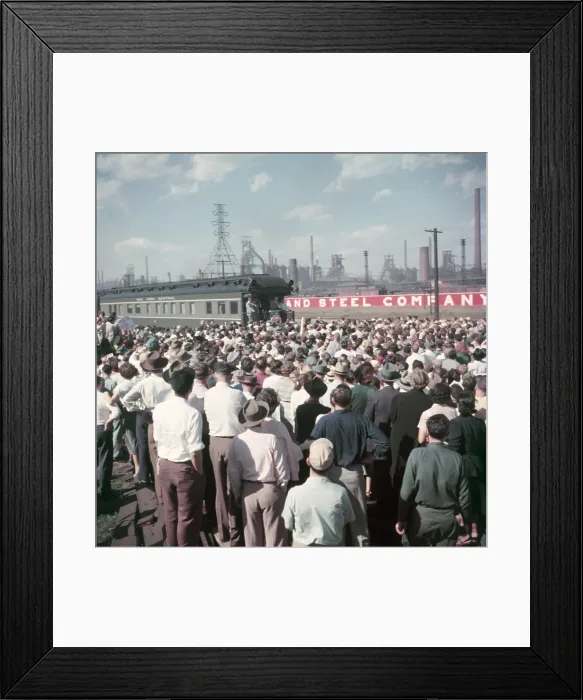 Framed Print : Presidential candidate Dwight Eisenhower speaking to a crowd at a whistle-stop event near a Midwest steel mill. Sept. 16, 1952 Framed Print : Presidential candidate Dwight Eisenhower speaking to a crowd at a whistle-stop event near a Midwest steel mill. Sept. 16, 1952