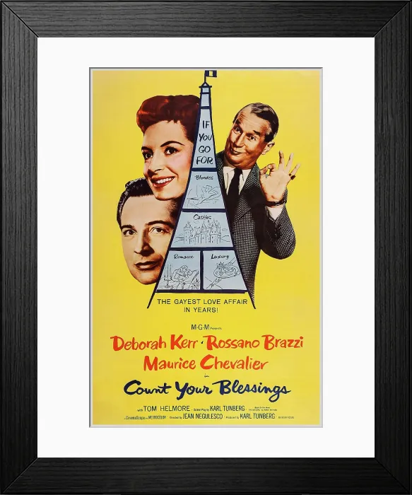 Framed Print : COUNT YOUR BLESSINGS, US poster art, from left: Rossano Brazzi, Deborah Kerr, Maurice Chevalier, 1959