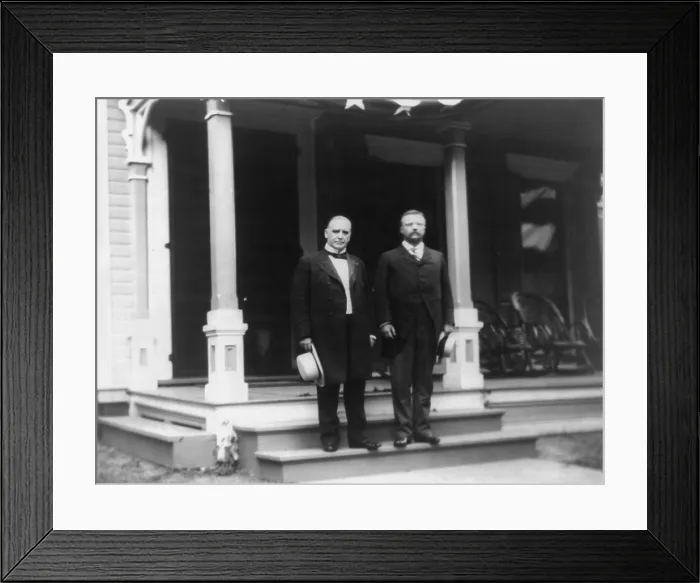 Framed Print : President William McKinley and NY Governor Theodore Roosevelt standing on step of porch
