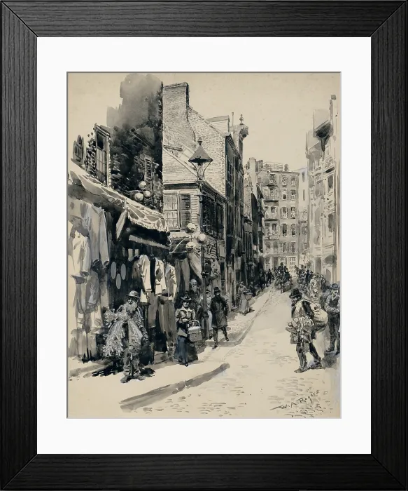 Framed Print : Jewish neighborhood in Boston Street. Scene of peddlers, women carrying baskets, and men walking on the sidewalks of a narrow street. Ca. 1899 by William Allen Rogers