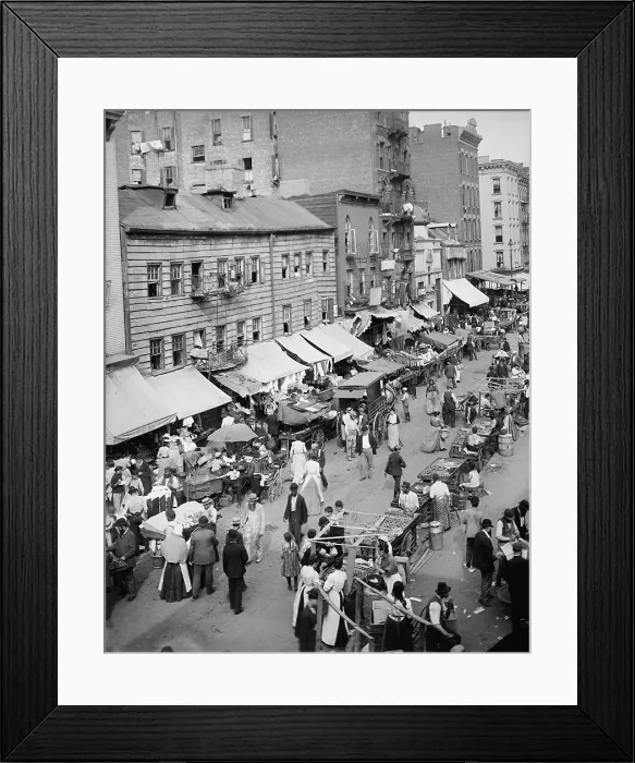 Framed Print : Jewish market on the East Side, New York City. The neighborhood was densely packed district of tenements, housing and employing poor immigrants from Eastern Europe Framed Print : Jewish market on the East Side, New York City. The neighborhood was densely packed district of tenements, housing and employing poor immigrants from Eastern Europe