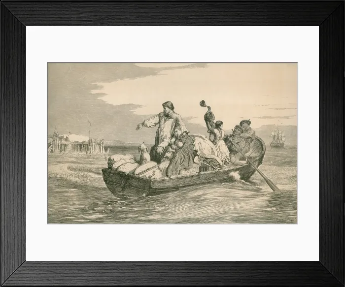 Framed Print : THE EMIGRANTS FAREWELL. A European family with their belongings in are rowed to the anchored sail ship as they start their journey to new land
