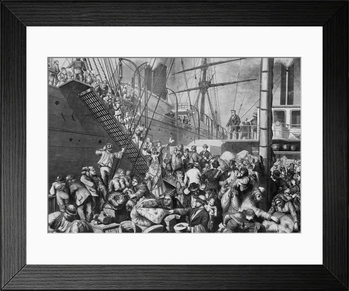 Framed Print : German emigrants for New York embarking on a Hamburg steamer in 1874