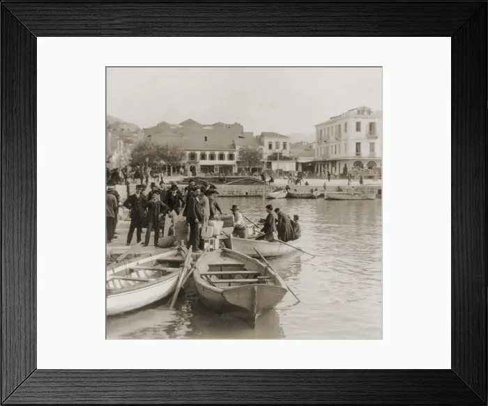 Framed Print : Greek immigrants, all men, embarking in small boat for asteamer that will take them to America. Patras, Greece. Ca. 1910 Framed Print : Greek immigrants, all men, embarking in small boat for asteamer that will take them to America. Patras, Greece. Ca. 1910