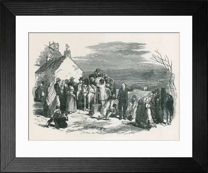 Framed Print : A Catholic priest blesses kneeling immigrants as they to leave their homes and families in Ireland for North America during the potato famine. Ca. 1850