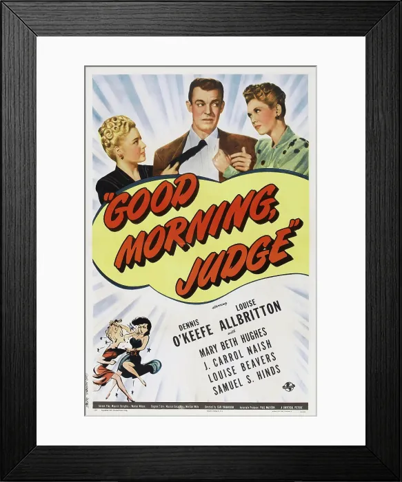 Framed Print : GOOD MORNING, JUDGE, from left: Mary Beth Hughes, Dennis O'Keefe, Louise Allbritton, 1943