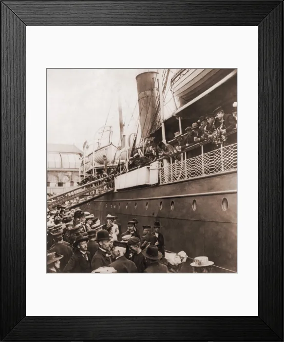 Framed Print : Crowd at the pier sees off the S.S. ANGELO, of the Wilson Line steamship line, leaving Oslo, Norway, with emigrants for America. Ca. 1905 Framed Print : Crowd at the pier sees off the S.S. ANGELO, of the Wilson Line steamship line, leaving Oslo, Norway, with emigrants for America. Ca. 1905